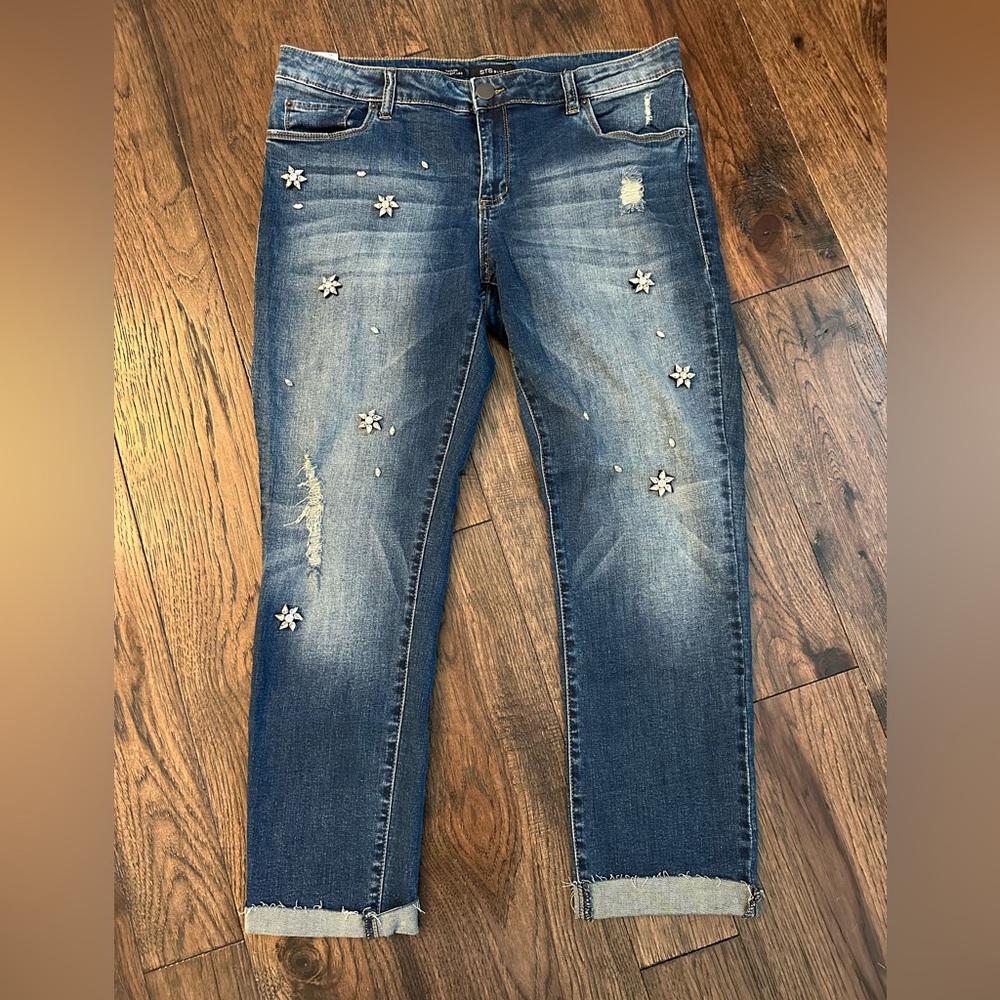 STS Blue Distressed Straight Leg Jeans crystal embellishment accents